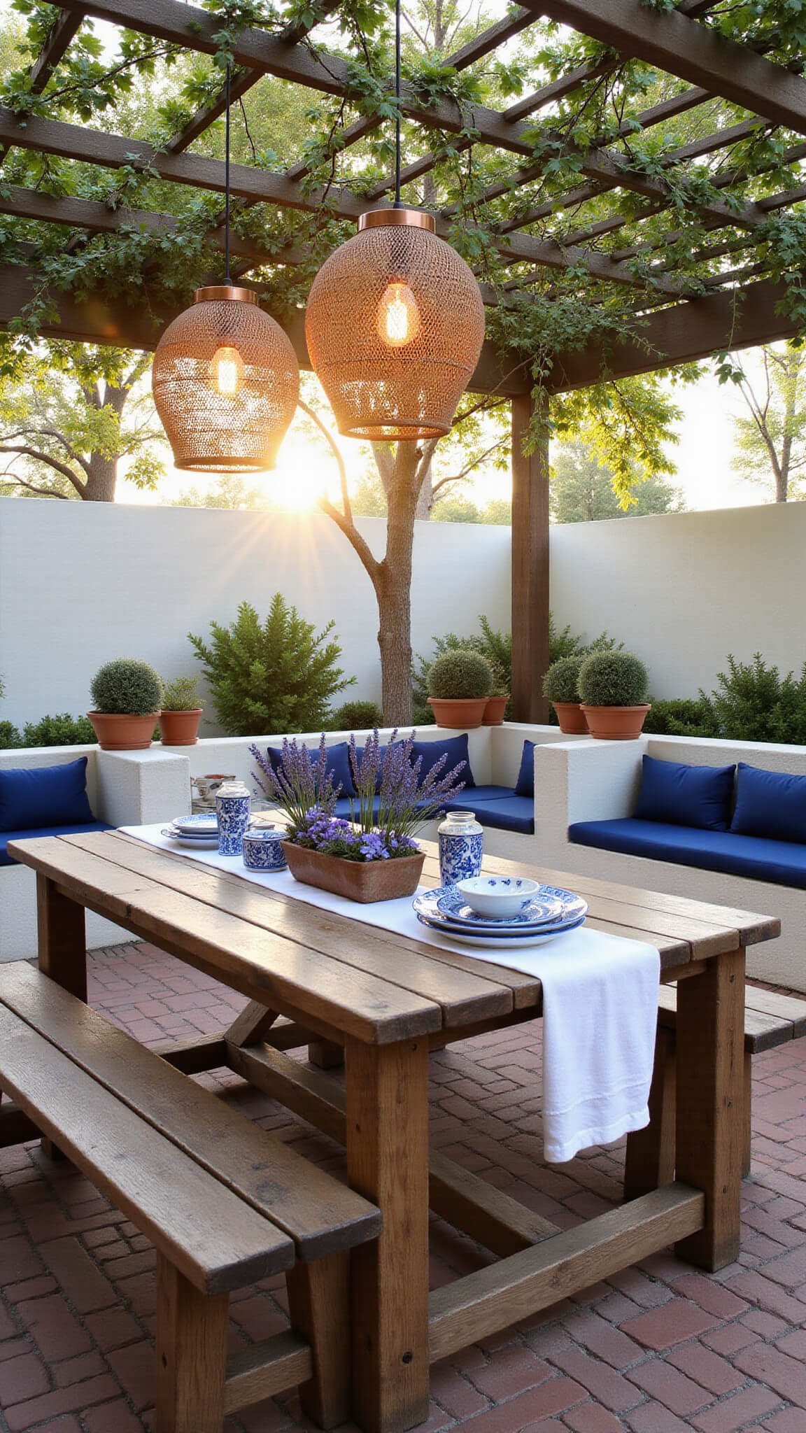 Mediterranean patio garden at sunset with terracotta pots of lavender and olive branches, rustic table set with blue-white ceramics and copperware, pergola draped in grape vines, glowing pendant lights, and stone benches with indigo cushions.