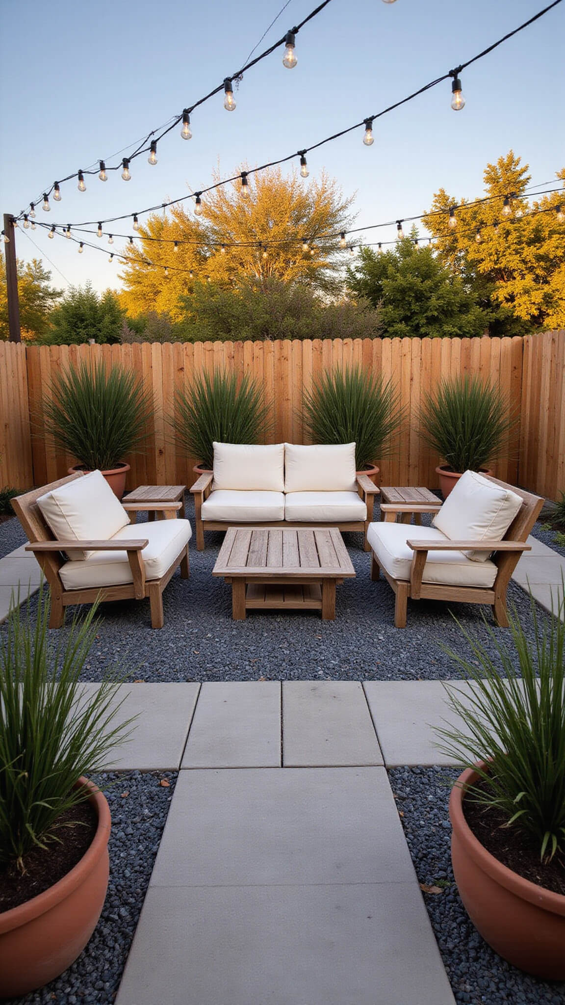 Gravel patio at golden hour with teak furniture, string lights, and ornamental grasses in terra cotta pots.