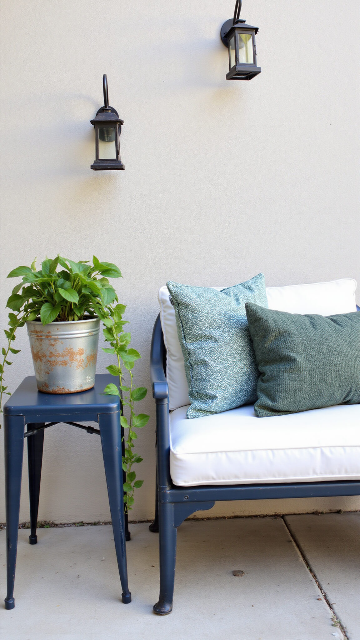 Bohemian-minimalist patio with navy vintage metal furniture, white cushions, cascading pothos on DIY planter table, and solar lanterns hanging above.