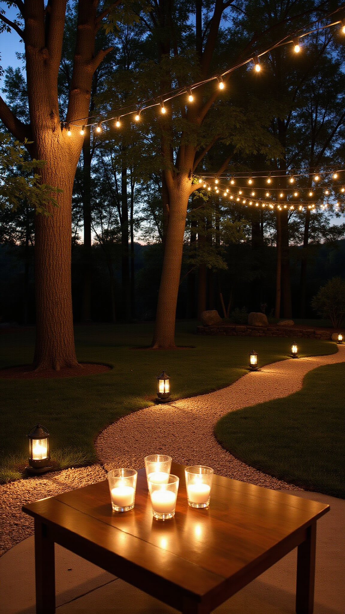 Low-angle view of a cozy patio at blue hour, featuring glowing string lights overhead, flickering candles in hurricane glasses, solar path lights along a curved gravel walkway, and a wooden coffee table with assorted lanterns.
