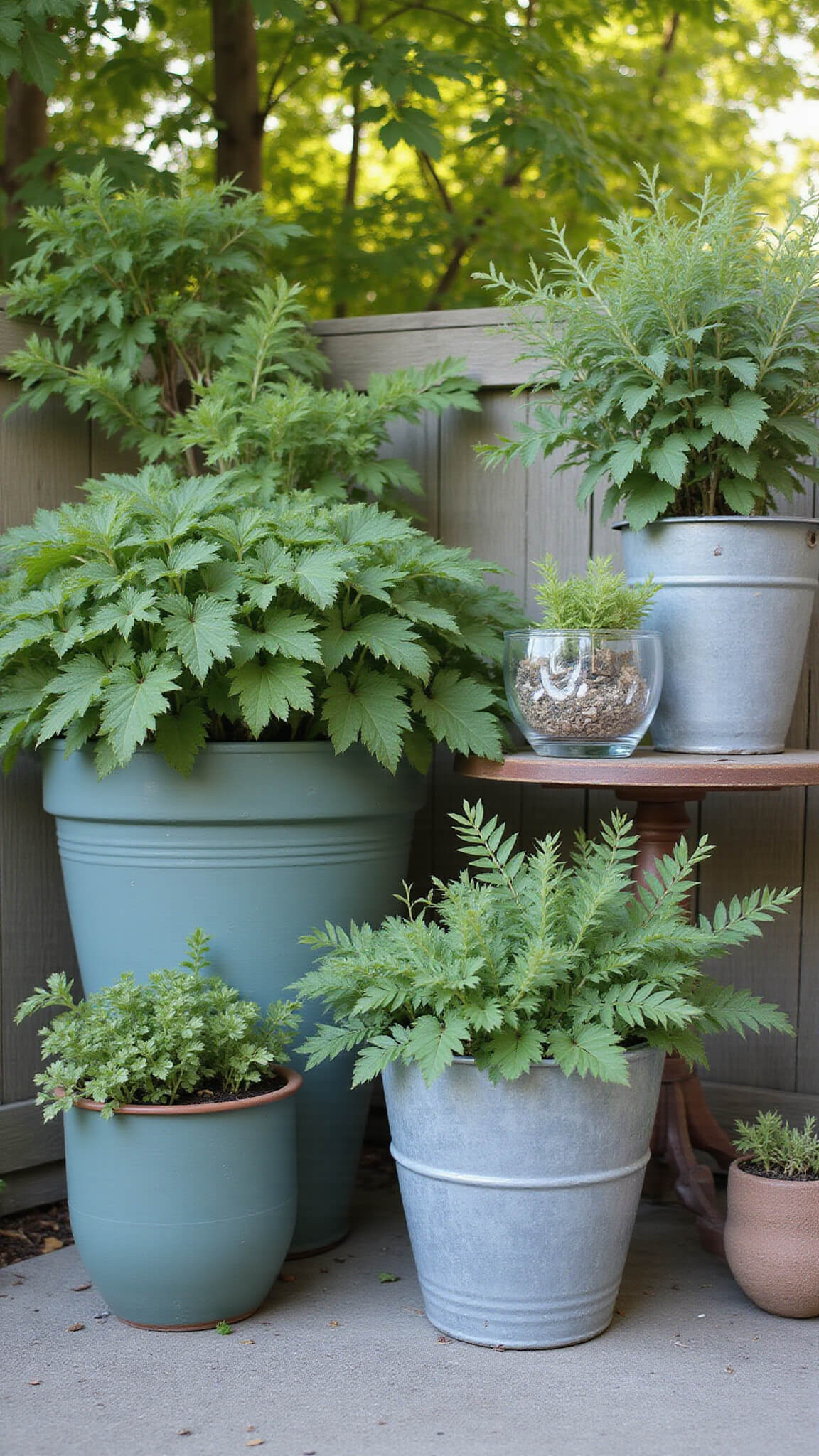 Lush container garden corner with large statement plants in sage and dusty blue terra cotta pots, propagation station with cuttings in glass vessels, and perennials in vintage zinc planters glistening with morning dew.