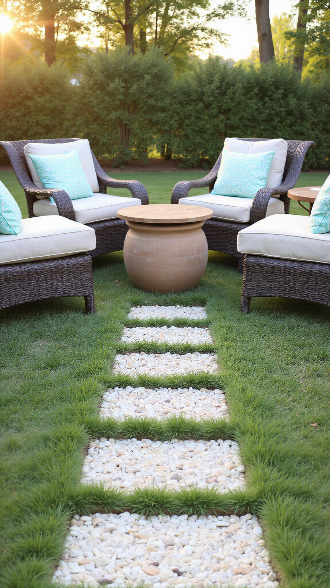 Cozy outdoor seating area with wicker chairs, plush cushions, patterned pillows, and a ceramic planter side table, lit by warm magic hour light.