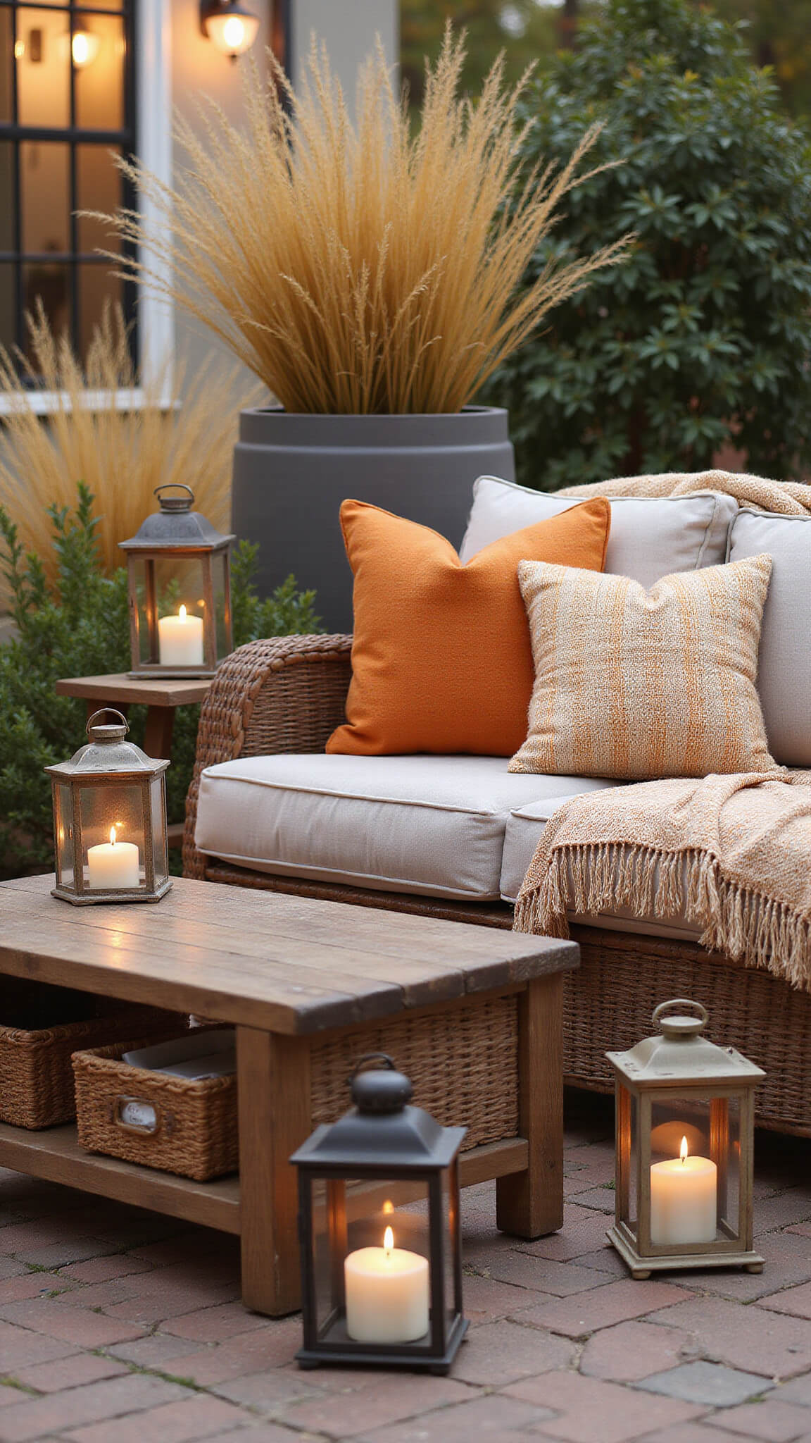 Cozy fall patio with natural furniture, autumn-toned pillows and throws, LED lanterns, and golden ornamental grasses at sunset.