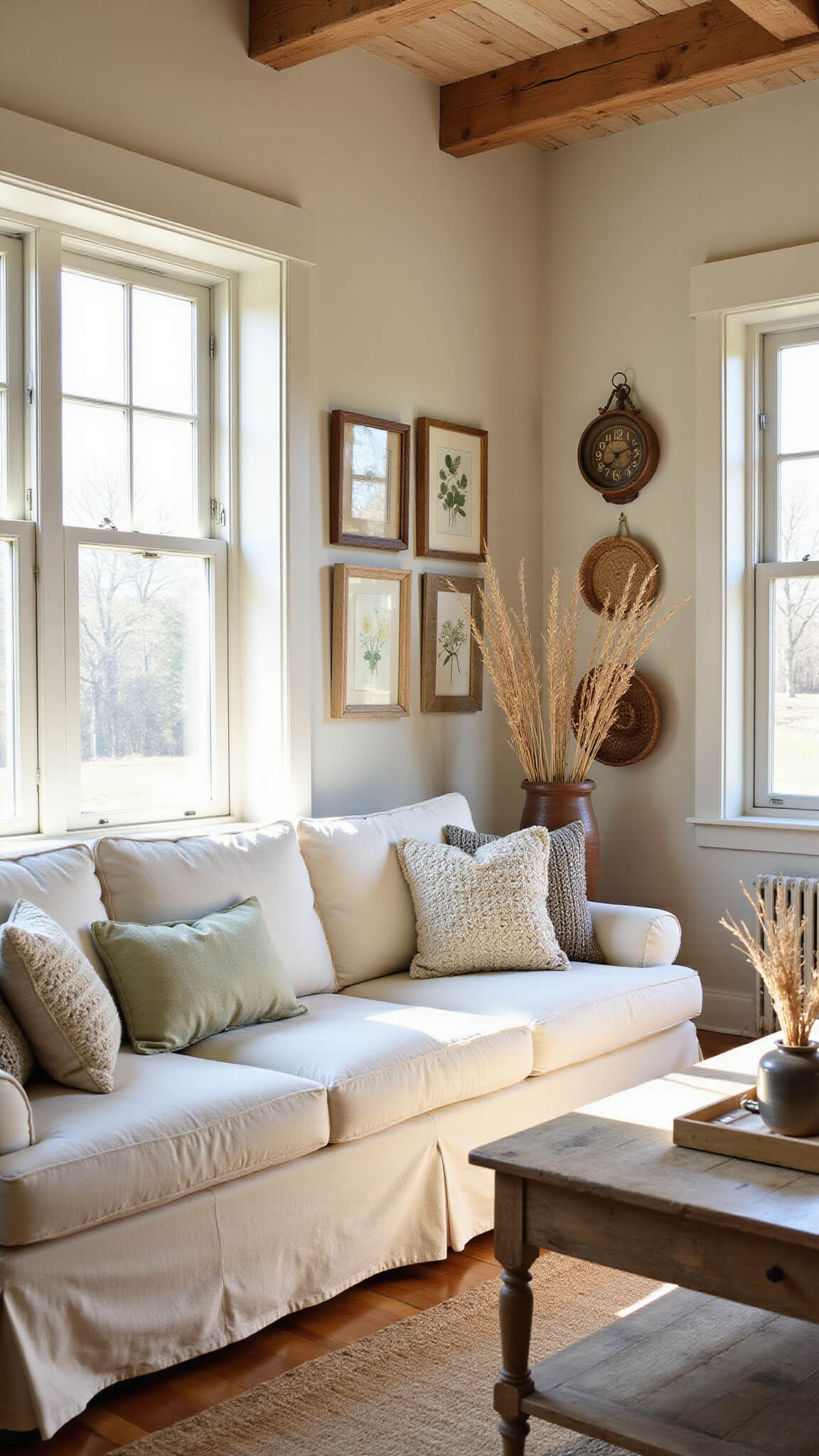 Farmhouse living room at golden hour with cream slipcovered sofa, antique window frame, exposed wood beams, vintage decor, and warm natural light.