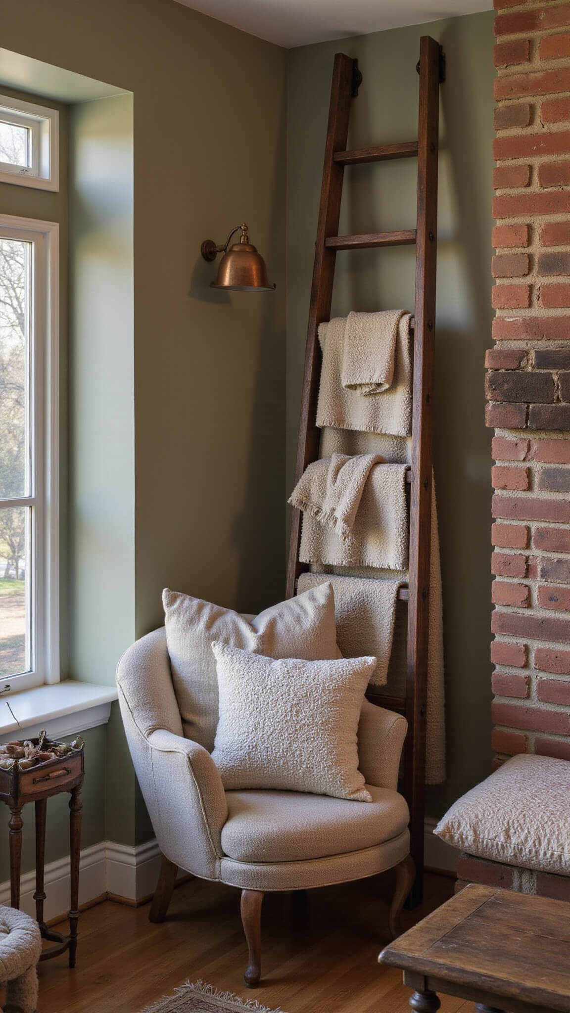 Cozy farmhouse reading nook at twilight with antique ladder holding vintage quilts, exposed brick chimney, warm copper sconce lighting, and rustic decor in terracotta, vintage white, and sage tones.