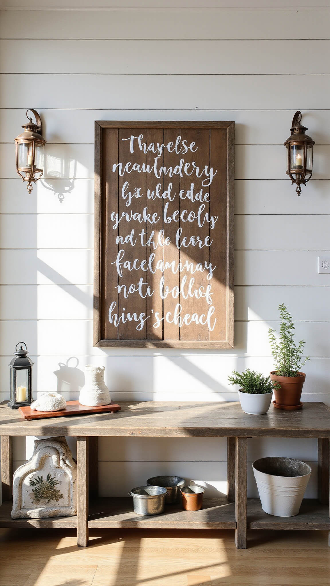 Sunlit farmhouse living room with oversized reclaimed wood sign on white shiplap wall, flanked by vintage copper lanterns and salvage decor, showcasing rich textures and neutral tones.