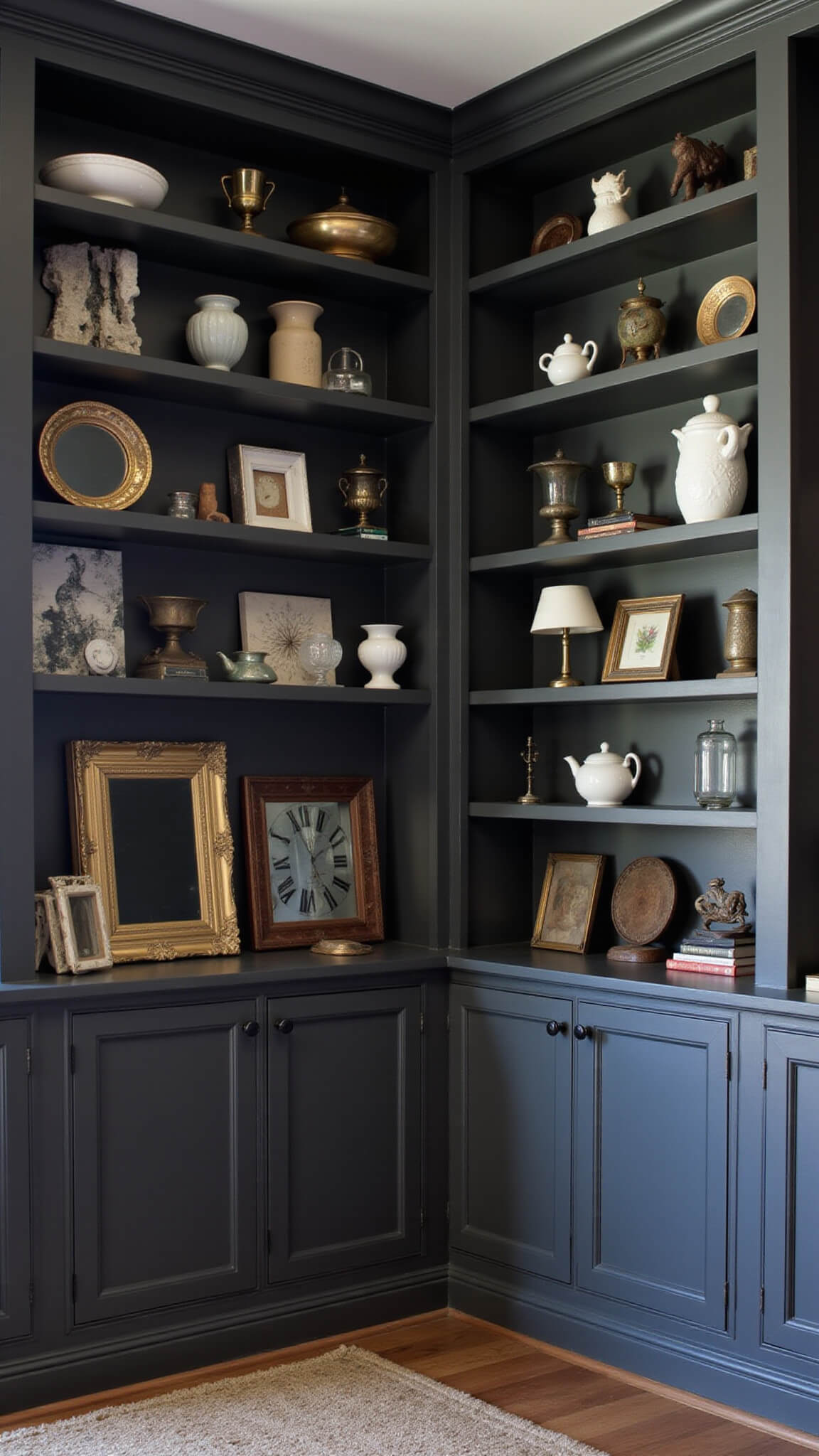 Moody farmhouse family room with tall charcoal built-in shelves displaying vintage mirrors, white ceramics, and brass accents, dramatically lit with uplighting.