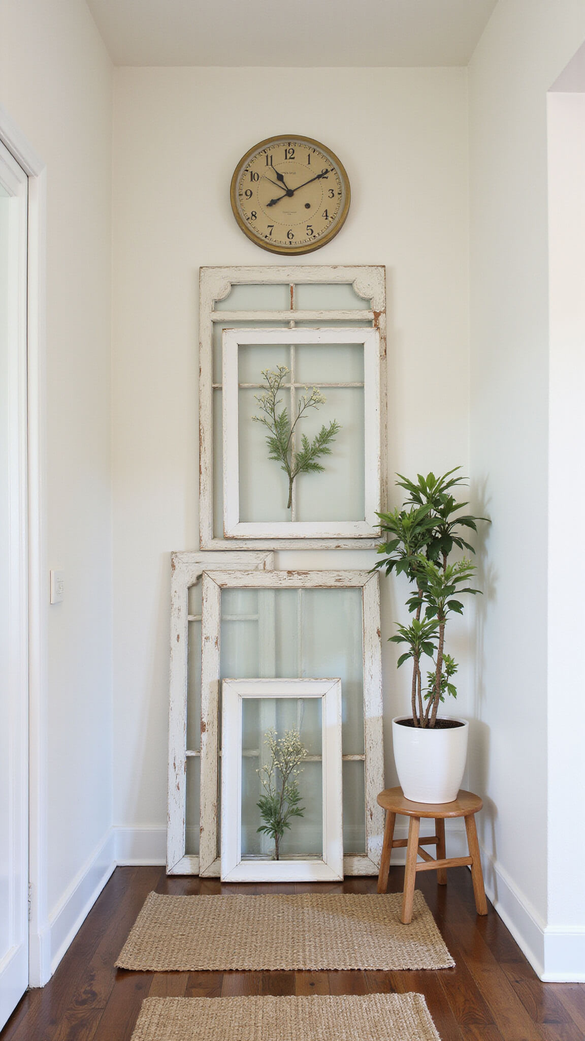 Vintage farmhouse entryway with antique clock flanked by symmetrical vintage window frames and botanical art, styled in soft whites, aged brass, and verdant green accents.