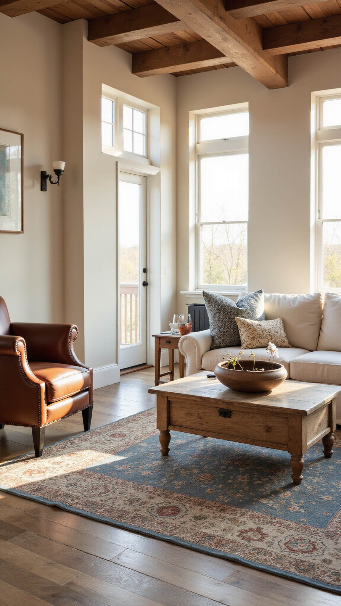 Farmhouse living room with cream sectional, leather armchair, vintage rugs, and golden hour sunlight filtering through tall windows.