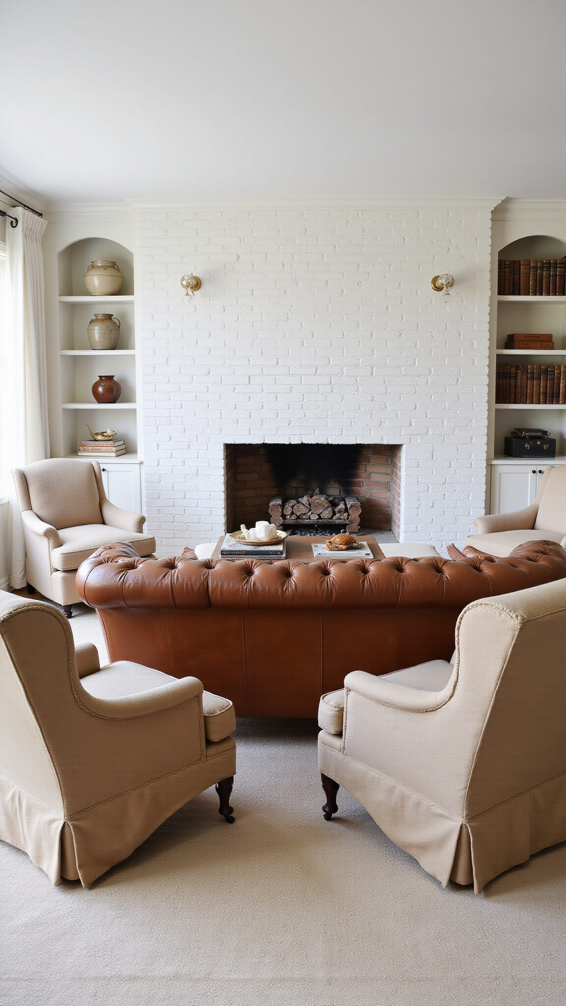 Cozy 15x18ft living room at dawn with whitewashed brick fireplace, caramel leather Chesterfield sofa, and linen chairs in symmetrical arrangement.