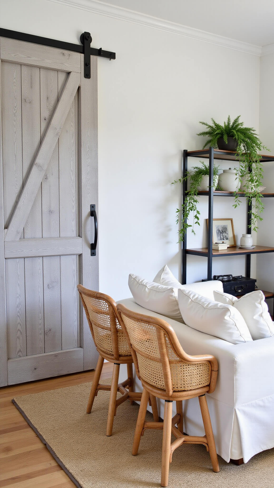 Open concept 18x22ft room with weathered gray sliding barn door, white slipcovered sofa, rattan chairs, jute rug, and black metal shelves with pottery and plants in natural midday light.