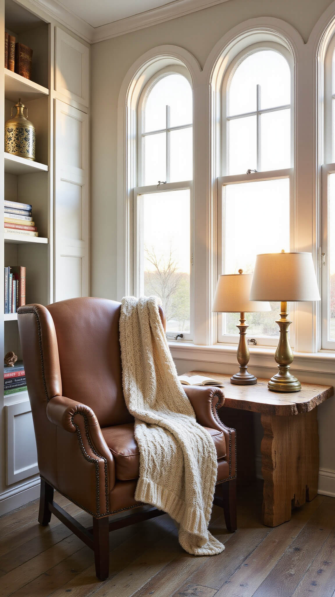 Dramatic reading nook at sunset with light streaming through arched windows, leather wingback chair, raw edge wood table, vintage brass lamps, and White Dove built-ins filled with treasures.