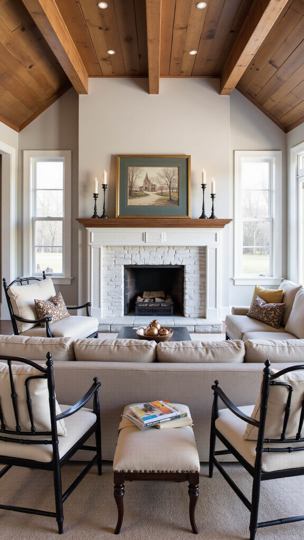 Twilight great room with wood ceiling beams, whitewashed stone fireplace, greige L-shaped sectional, and spindle chairs with grain sack cushions.