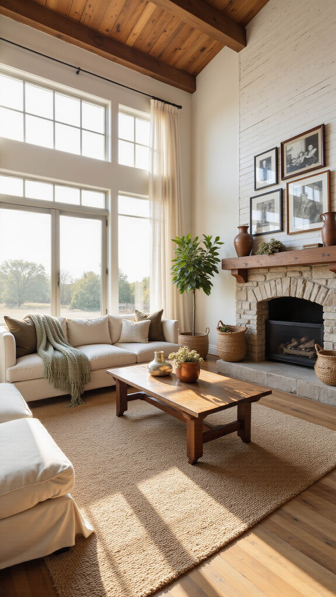 Sunlit farmhouse living room with cream sectional, rustic coffee table, stone fireplace, and exposed wooden beams at golden hour.