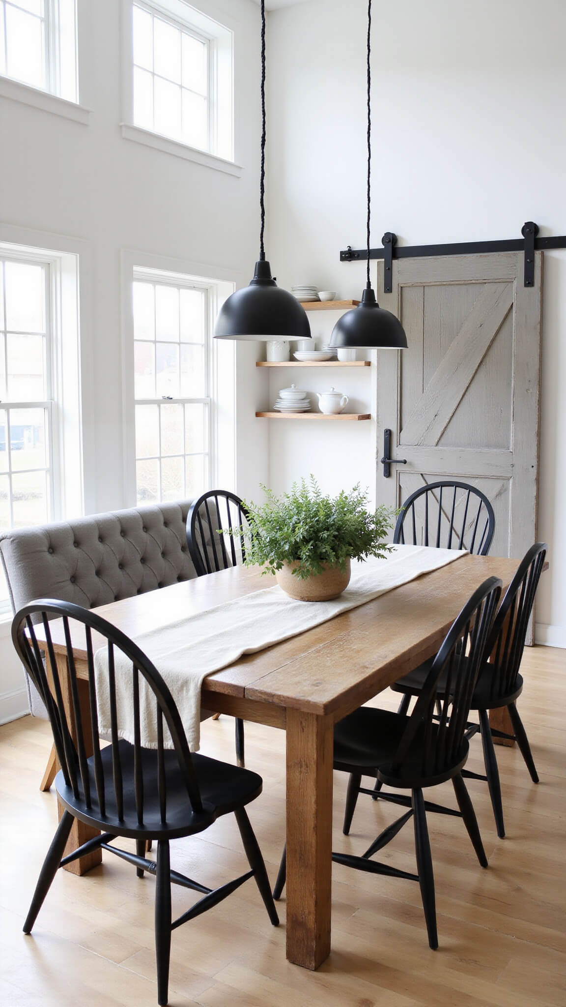 Bright farmhouse dining room with reclaimed trestle table, Windsor chairs, and industrial pendant lights, styled with natural linens and eucalyptus centerpiece, in sunlit double-height space with white oak floors.