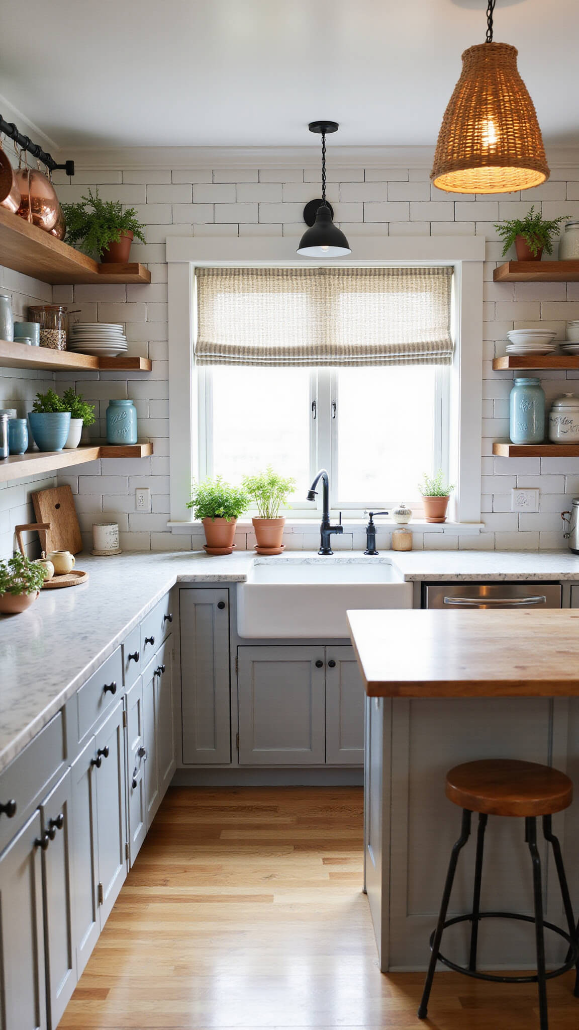 Cozy farmhouse kitchen at sunset with dove gray shaker cabinets, marble countertops, butcher block island, and warm woven pendant lighting.