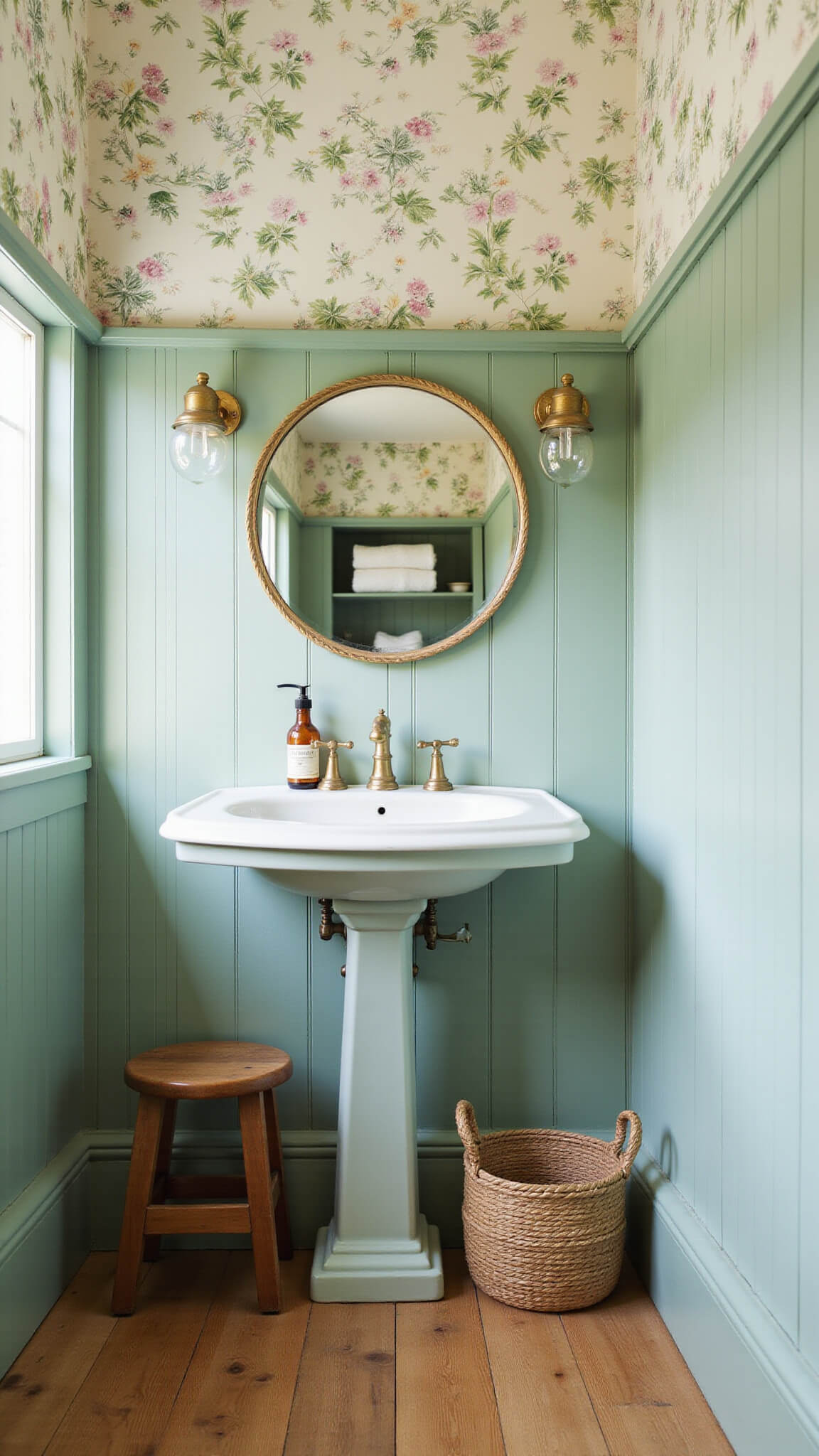 Farmhouse powder room with sage green shiplap, pedestal sink, aged brass faucet, gold mirror, glass sconces, vintage apothecary bottles, white towels, woven waste basket, wooden step stool, and botanical wallpaper
</p></noscript>
<div class=