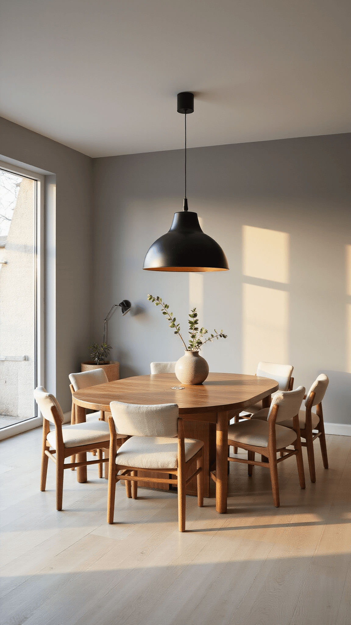 Japandi-style dining room with walnut table and oak chairs bathed in golden hour light through floor-to-ceiling windows.