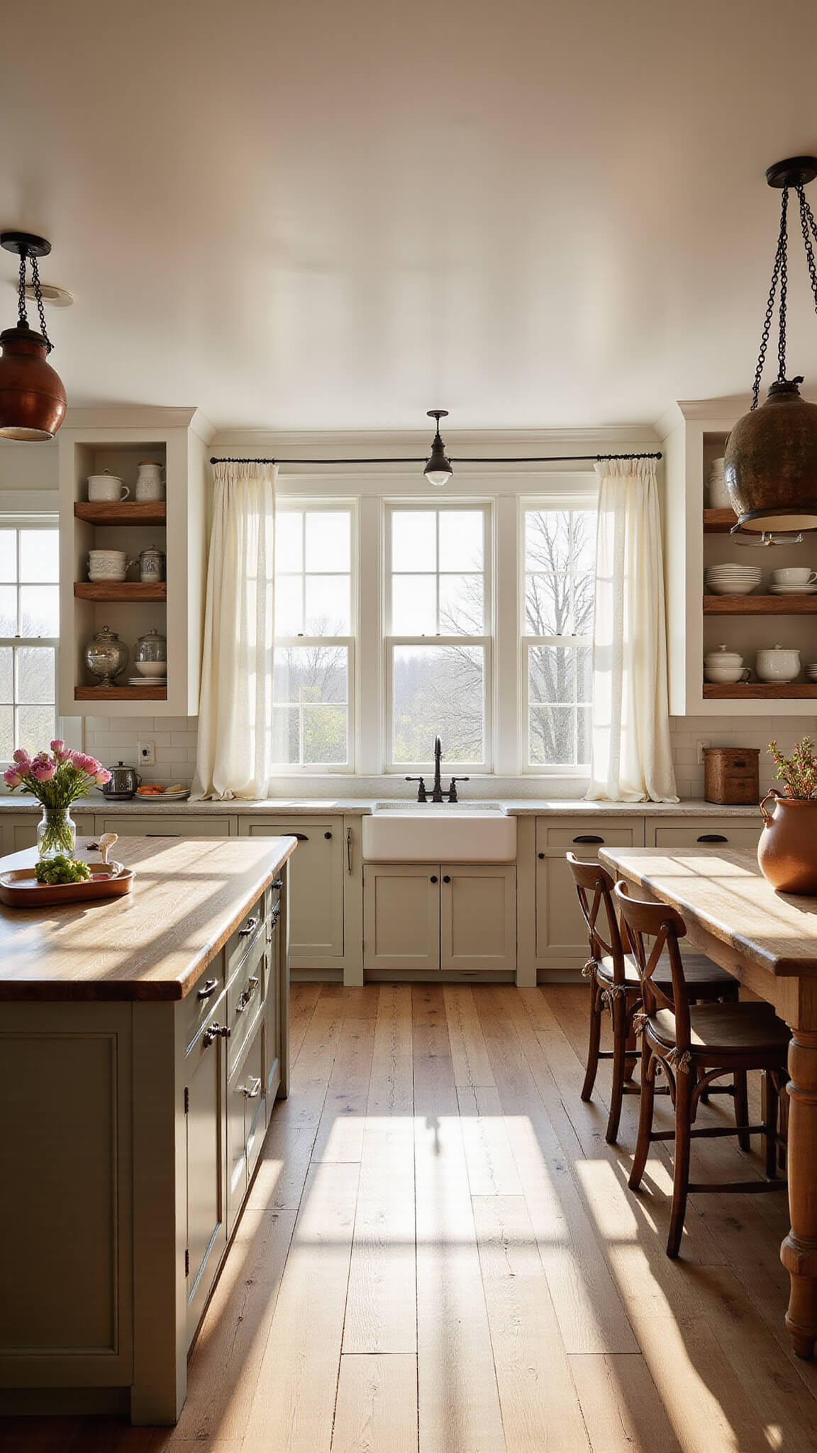 Warm farmhouse kitchen at golden hour with apron-front sink under triple window, white oak floors, butcher block island, and vintage decor.
