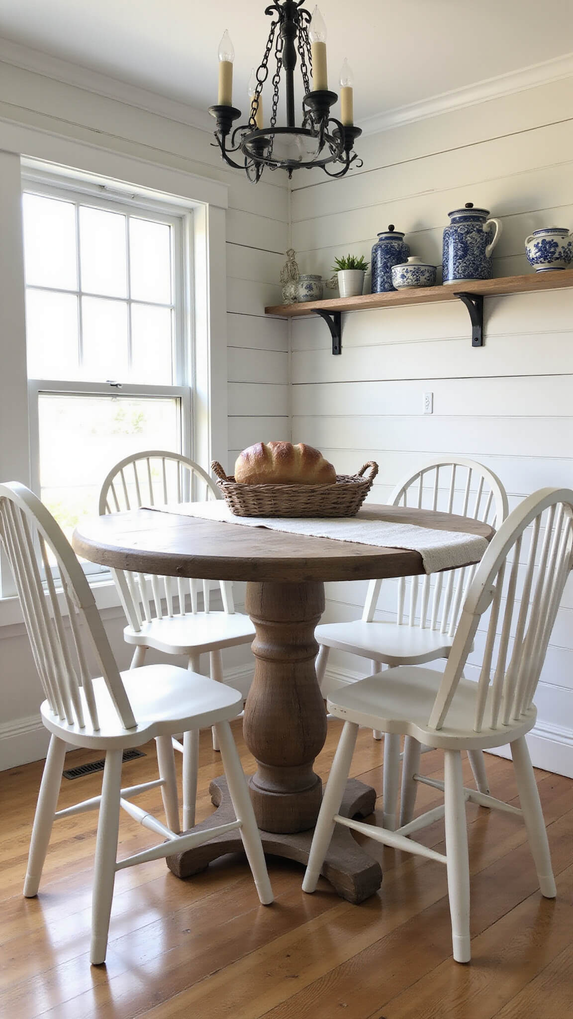 Cozy farmhouse breakfast nook with barnwood table, white Windsor chairs, vintage pottery, and warm morning light.