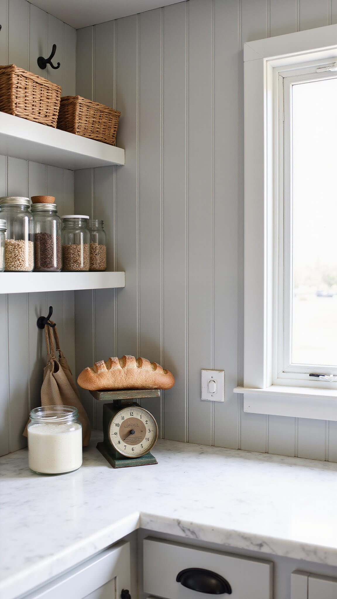 Close-up of a farmhouse pantry corner with glass canisters, vintage scale with bread, gray shiplap walls, woven baskets, and aprons on black iron hooks.