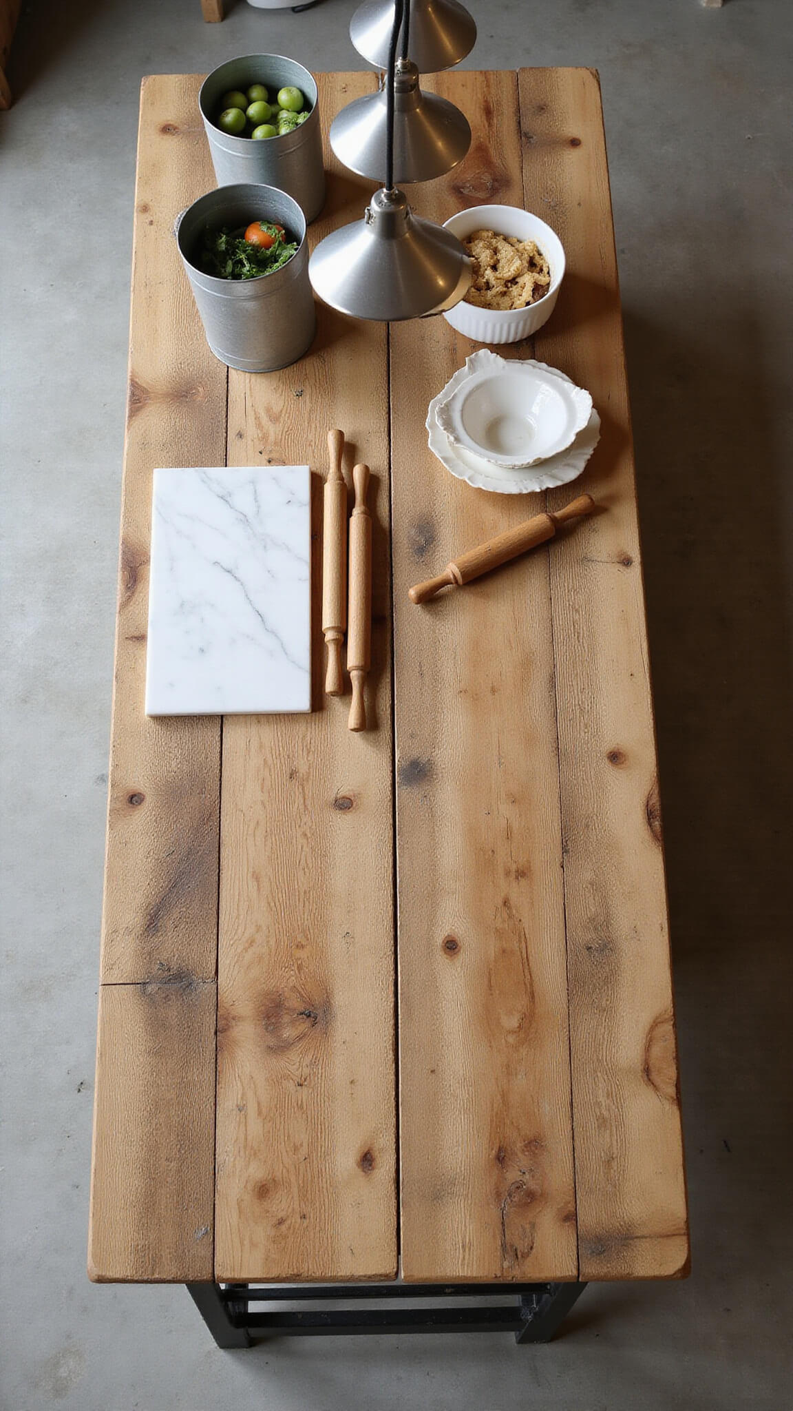 Overhead view of a spacious farmhouse kitchen island with reclaimed wood surface, marble pastry board, vintage rolling pins, produce in metal bins, and baking ingredients in white bowls under industrial pendant lights.