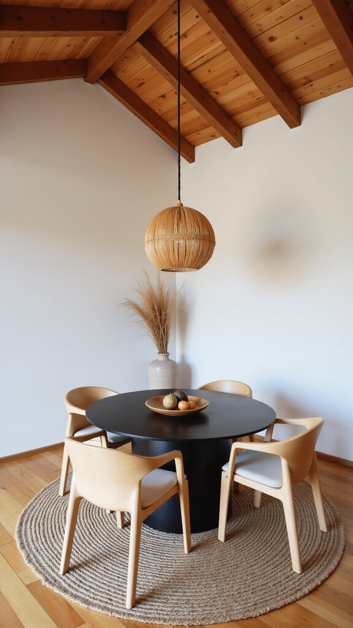Japandi dining room at dawn with vaulted ceilings, black oak table on sisal rug, minimalist maple chairs, and bamboo pendant lighting.