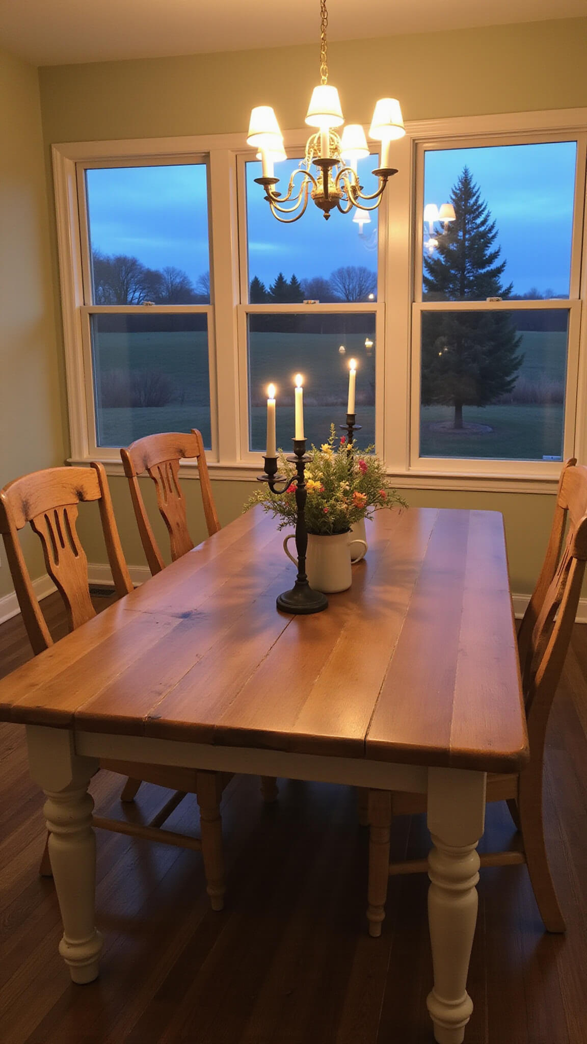 Twilight view of farmhouse kitchen dining area with long pine harvest table, vintage white chairs, glowing candelabras, wildflower centerpieces, and blue hour light through windows.