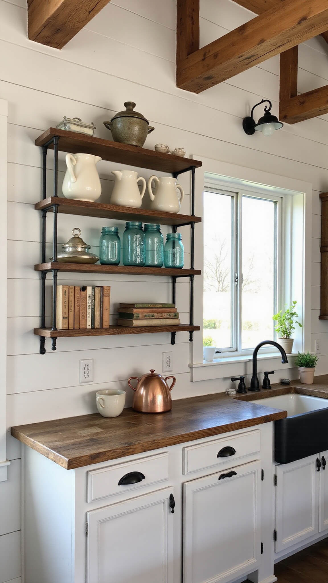 Sunlit farmhouse kitchen with exposed beams, white shiplap walls, reclaimed wood shelves, vintage ceramics and copper pots, viewed from a low corner angle with warm backlighting.