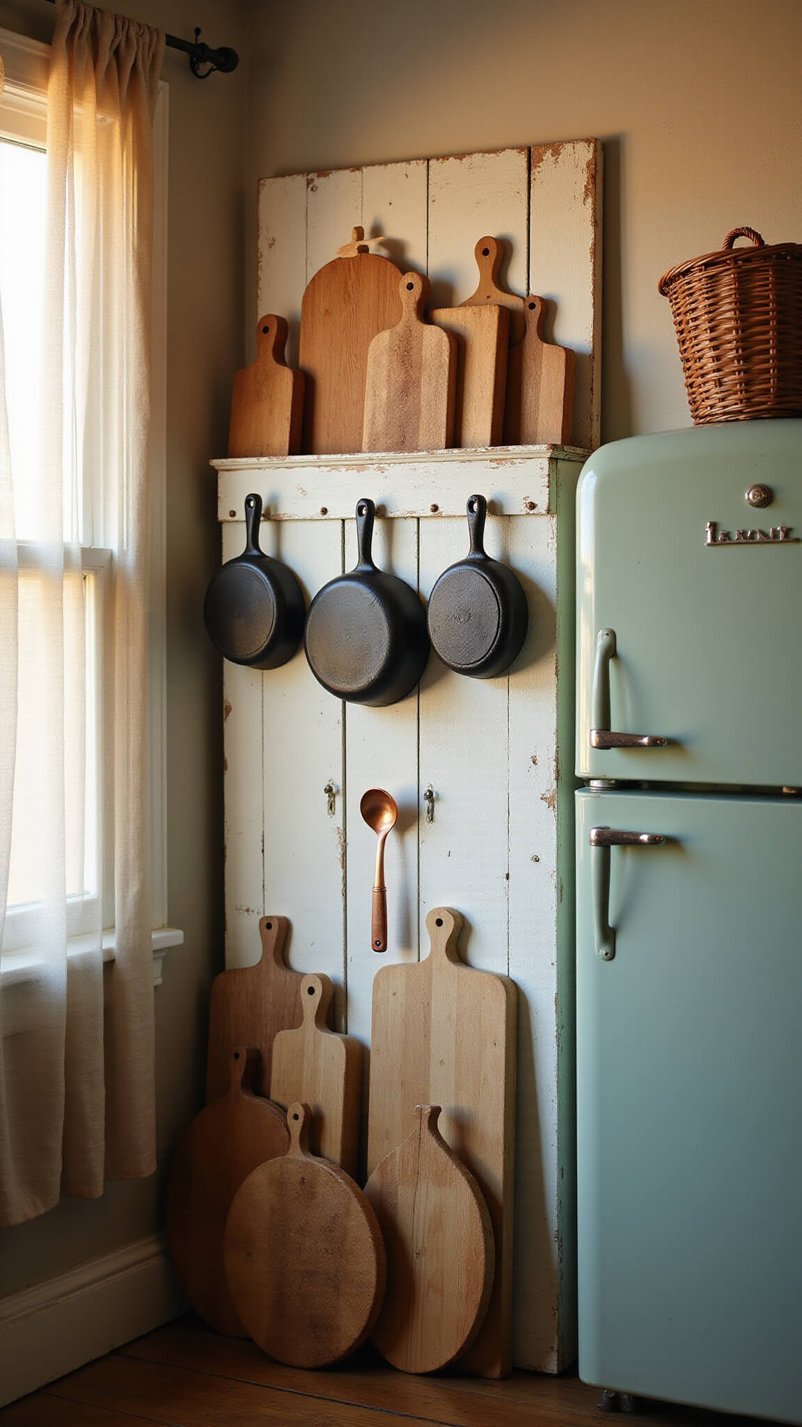 Farmhouse kitchen corner at golden hour with cast iron skillets and copper utensils on a distressed white pegboard beside a sage green vintage fridge, warm sunlight illuminating wooden cutting boards and cafe curtains.