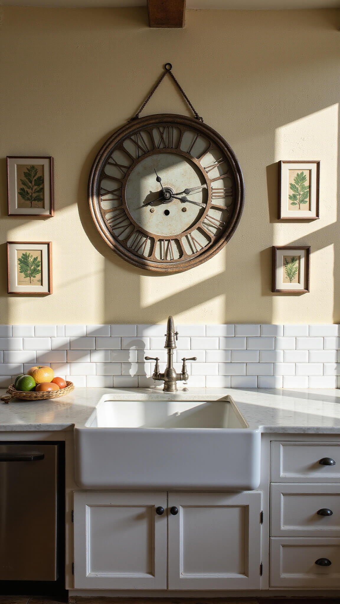 Dramatic 16ft cream plaster statement wall with large 36-inch antiqued metal clock above farmhouse sink, flanked by vintage-framed botanical prints, lit by moody late afternoon light.