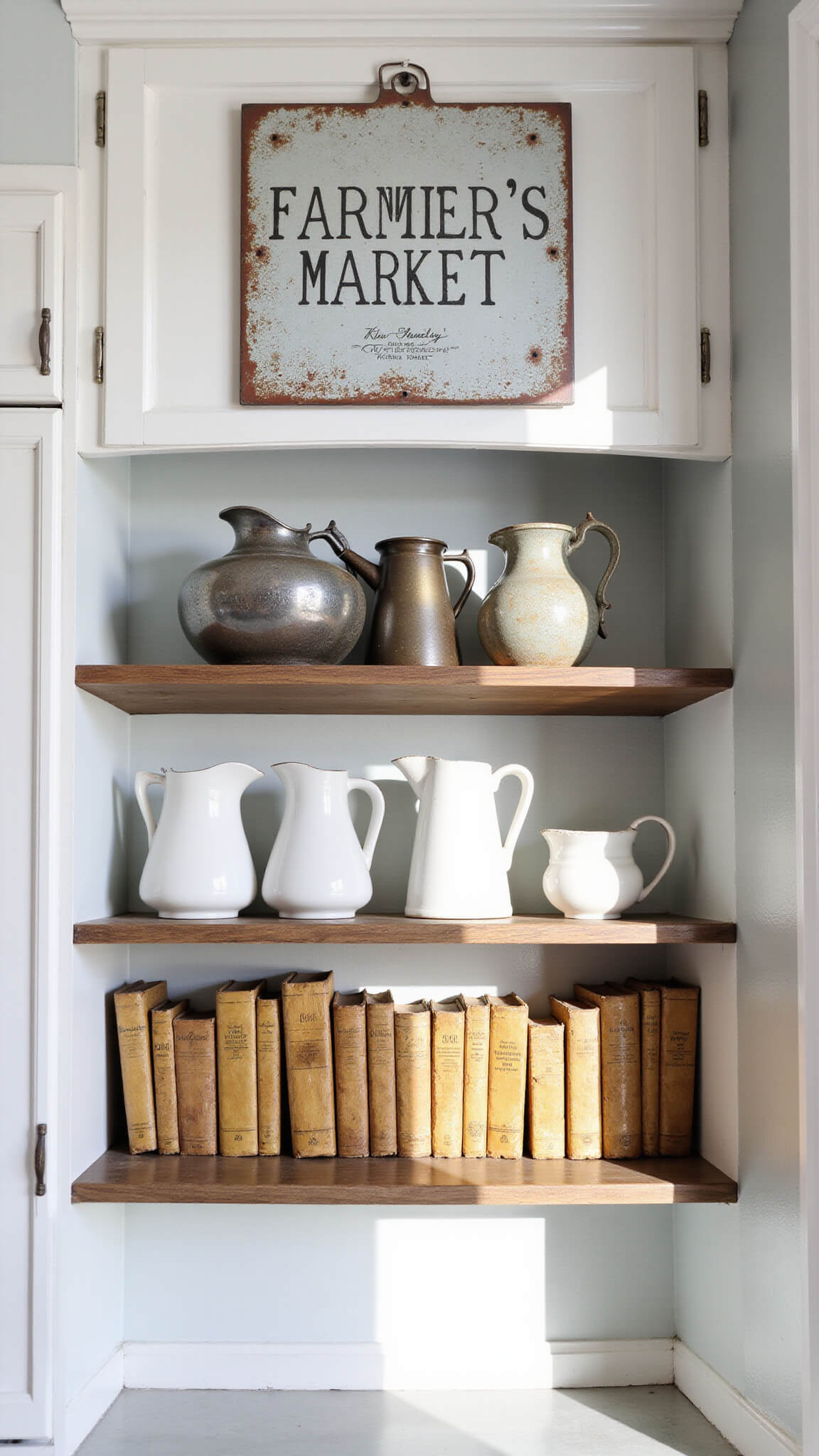 Distressed metal 'Farmer's Market' sign above white cabinets and barn wood shelves with ironstone pitchers and vintage cookbooks, lit by dramatic side light.