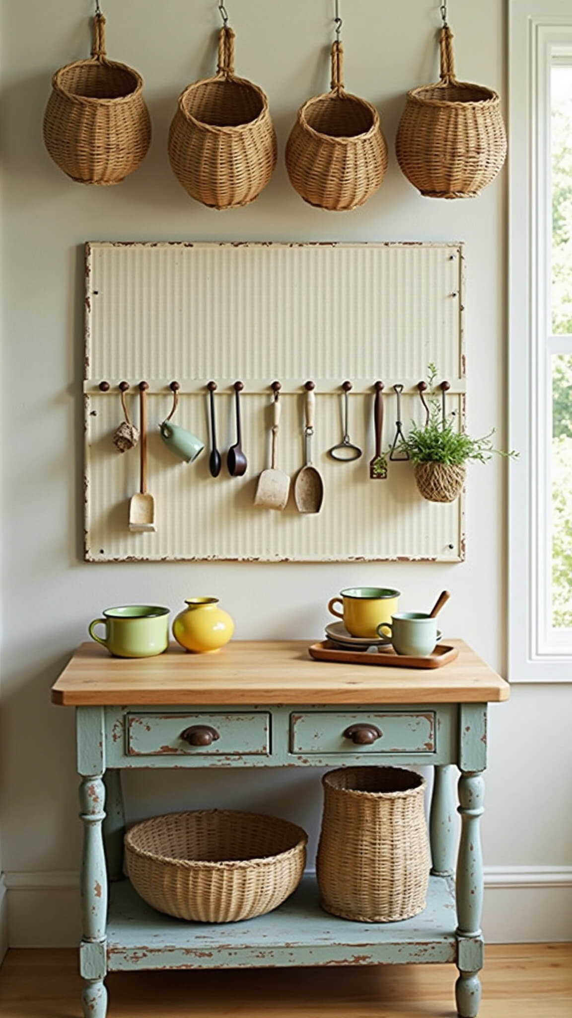 Serene kitchen wall with cream pegboard displaying enamelware and vintage tools above a butcher block counter with yellow and green pottery, accented by woven baskets and soft afternoon light.