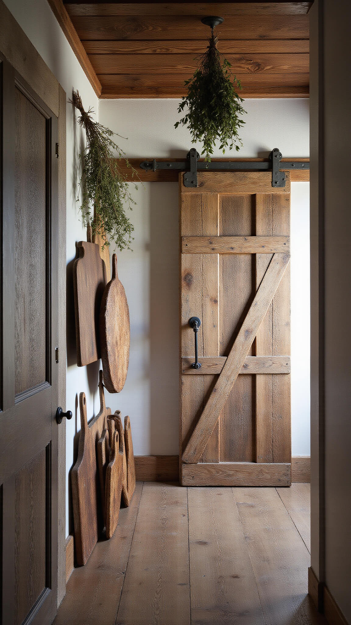 Low-angle view of a rustic pantry entrance with vintage wooden breadboards stacked floor-to-ceiling, dried herbs hanging above, and a weathered sliding barn door in moody morning light.