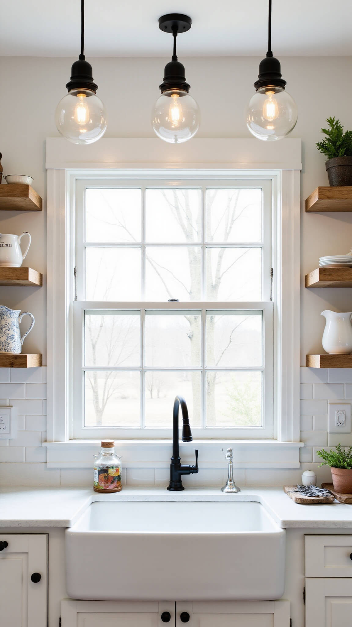 Farmhouse kitchen sink area with white fireclay sink, black pendant lights, raw oak shelves, and large window letting in natural light.