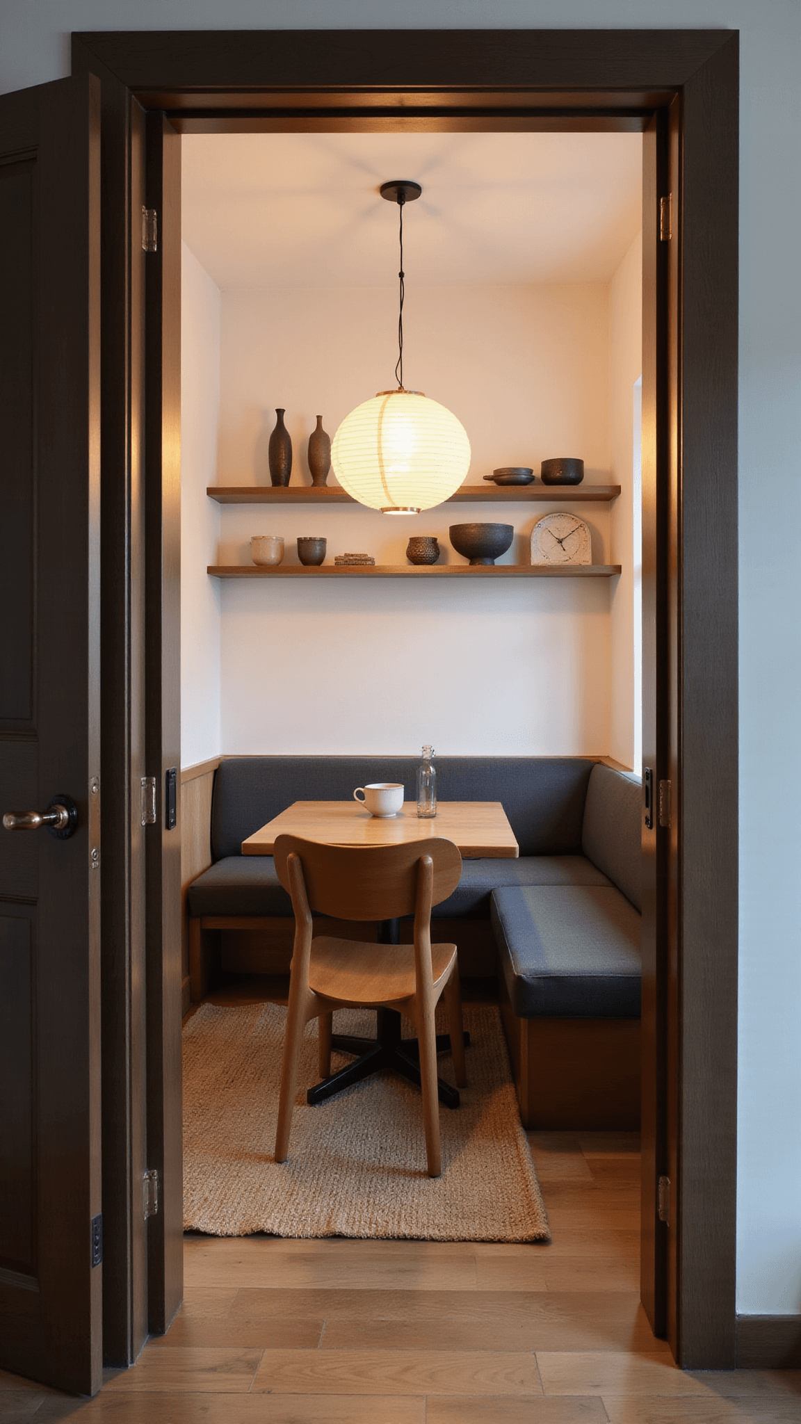 Japandi dining nook with warm lantern lighting, oak table, charcoal bench, and earth-toned ceramics on floating shelves.
