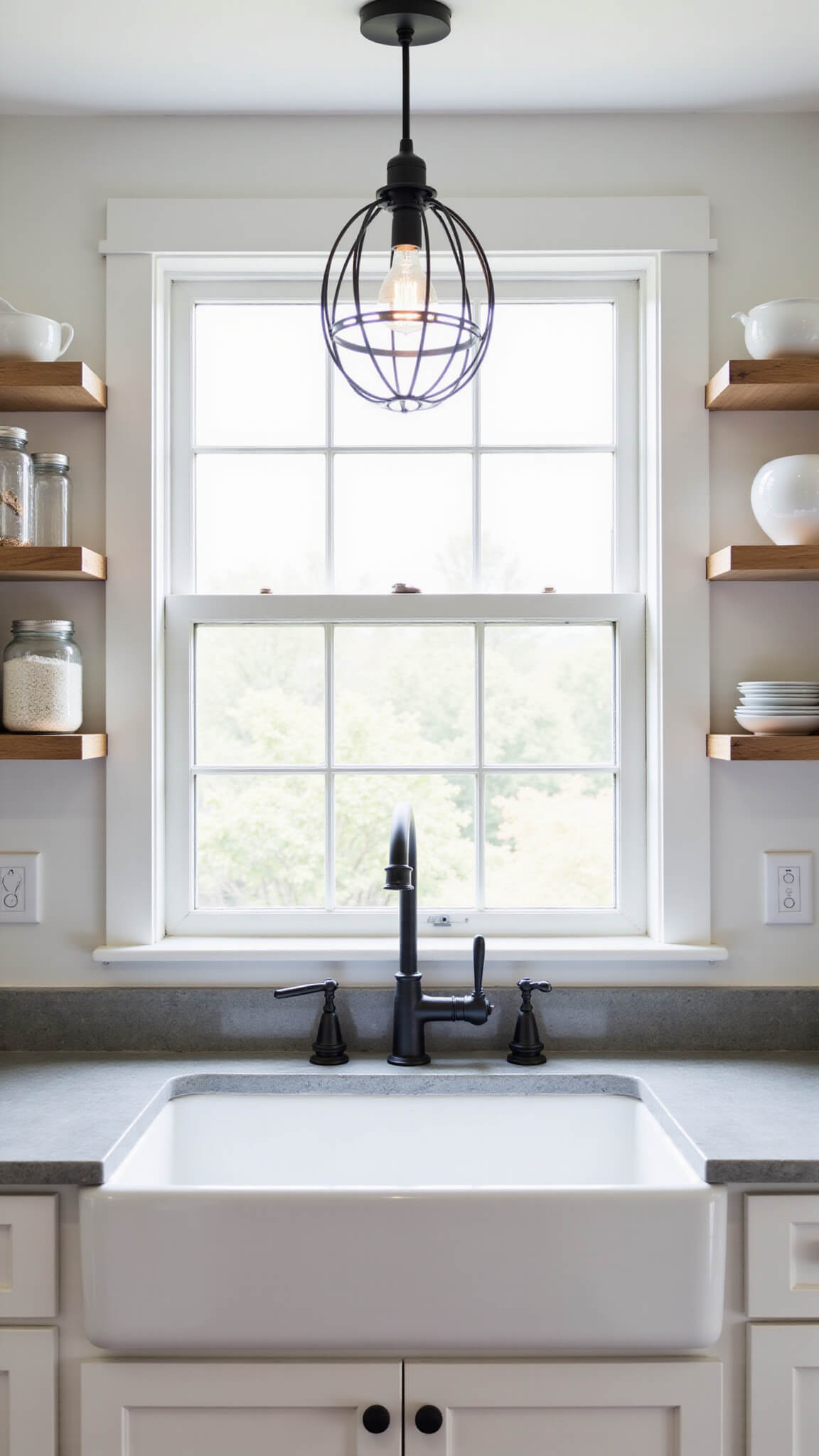 Modern farmhouse kitchen sink with white apron-front, gray quartz counters, black pendant light, and floating shelves with glass canisters in bright morning light.