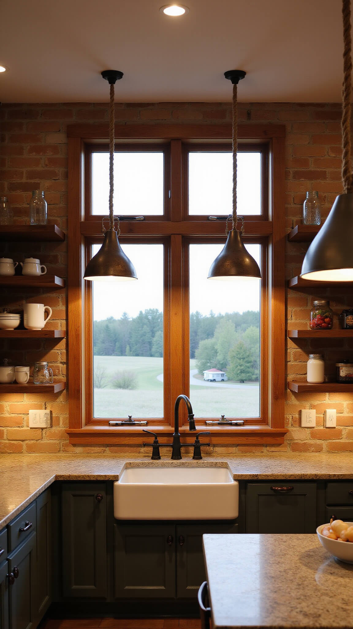 Rustic farmhouse kitchen at dusk with brick backsplash, reclaimed wood shelves, vintage enamelware, and pendant lights over wide farmhouse sink.