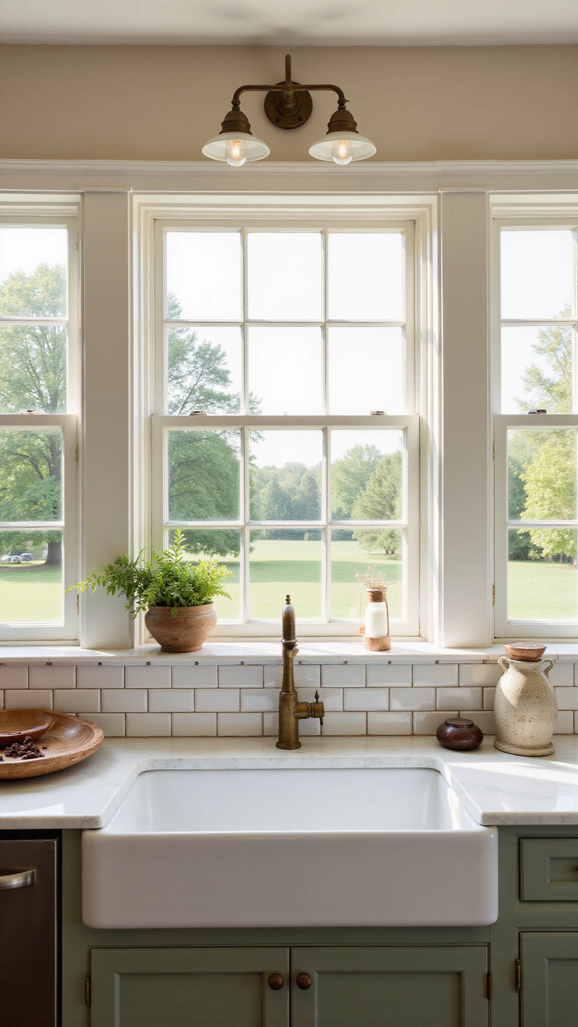 Classic farmhouse kitchen with sage green cabinets, porcelain sink under triple windows, aged brass sconces, and golden hour light streaming in.