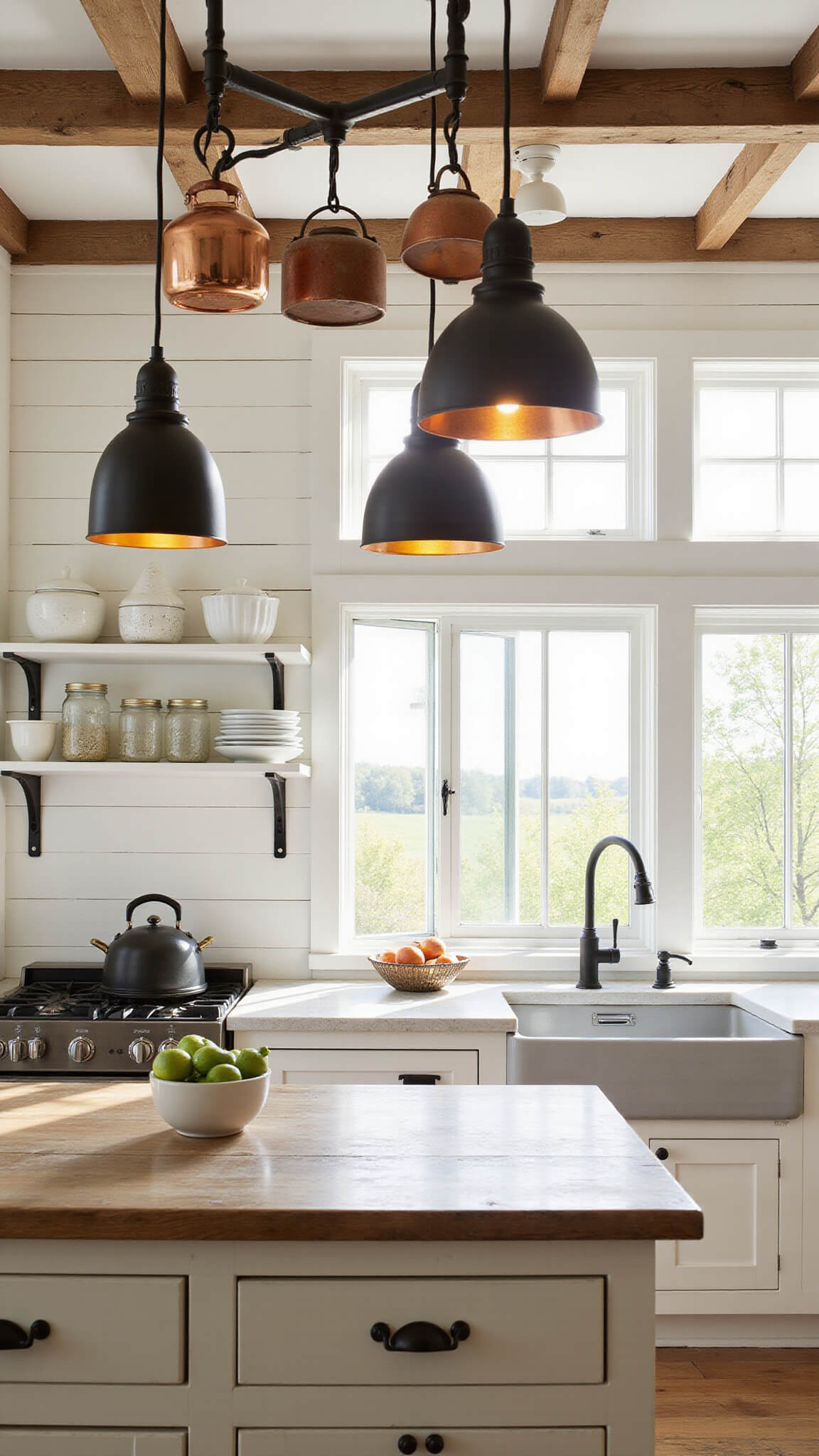 Sunlit farmhouse kitchen with exposed beams, weathered oak island, black pendant lights, copper pots, and white shiplap walls.