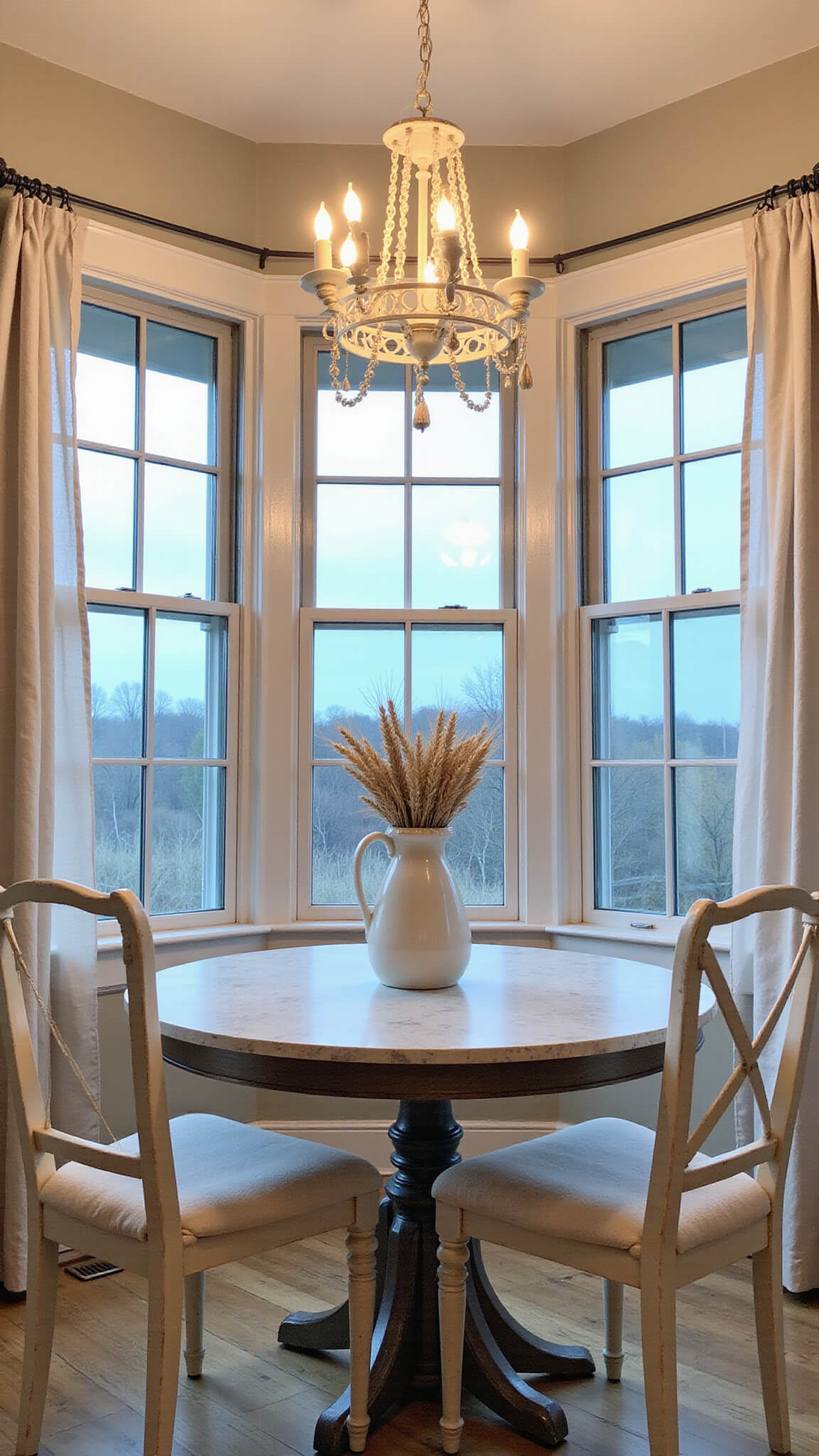 Cozy farmhouse dining nook at dusk with chandelier above round table, whitewashed brick walls, bay window, linen curtains, and vintage décor in soft neutral tones.