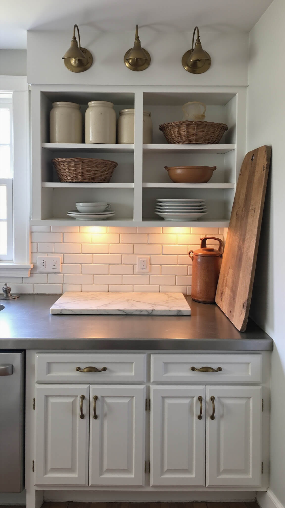 Golden hour light in a farmhouse kitchen with zinc countertops, marble pastry board under LED strip lighting, brass sconces above shelves of earthenware and baskets, and warm wood accents against a white subway tile backsplash.