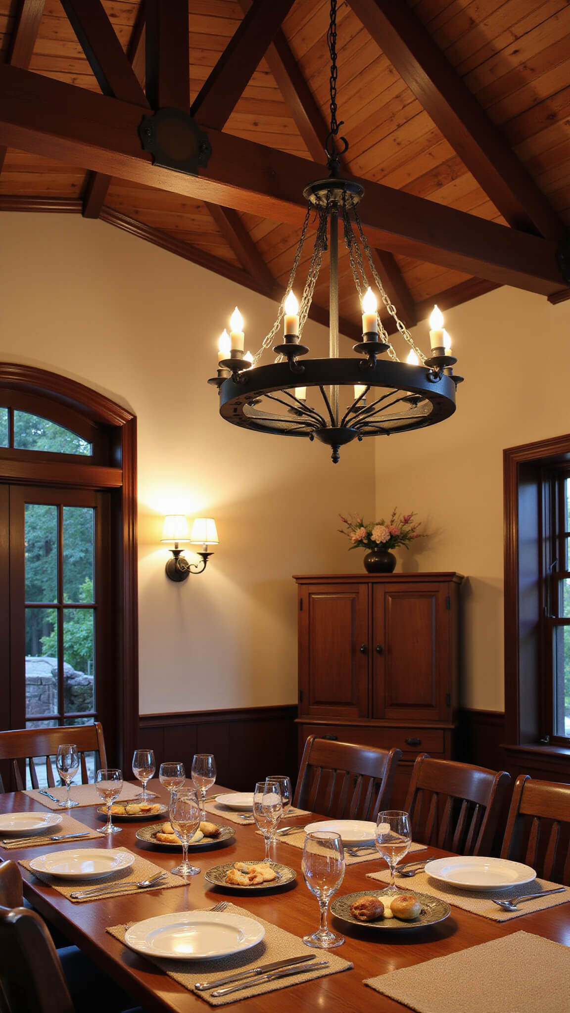 Evening dining scene in a cathedral-ceiling great room featuring a harvest table set for 10 under a large wrought iron chandelier, with candlelight and warm bulbs casting shadows on rustic beams.