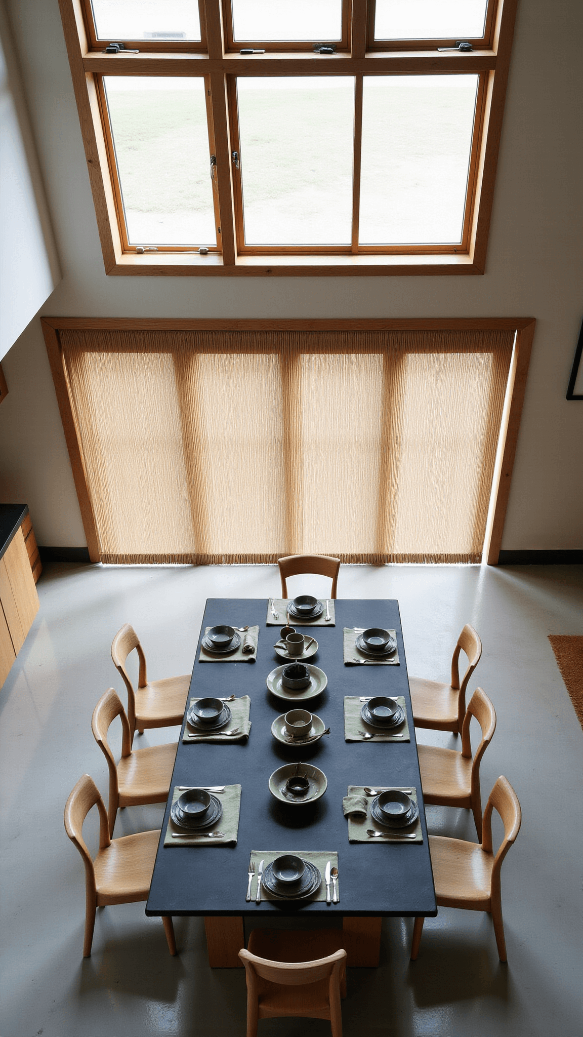 Overhead view of Japandi dining area with black stone table, six light ash wood chairs, and minimalist sage green table settings, lit by skylight through geometric ceiling cutouts.