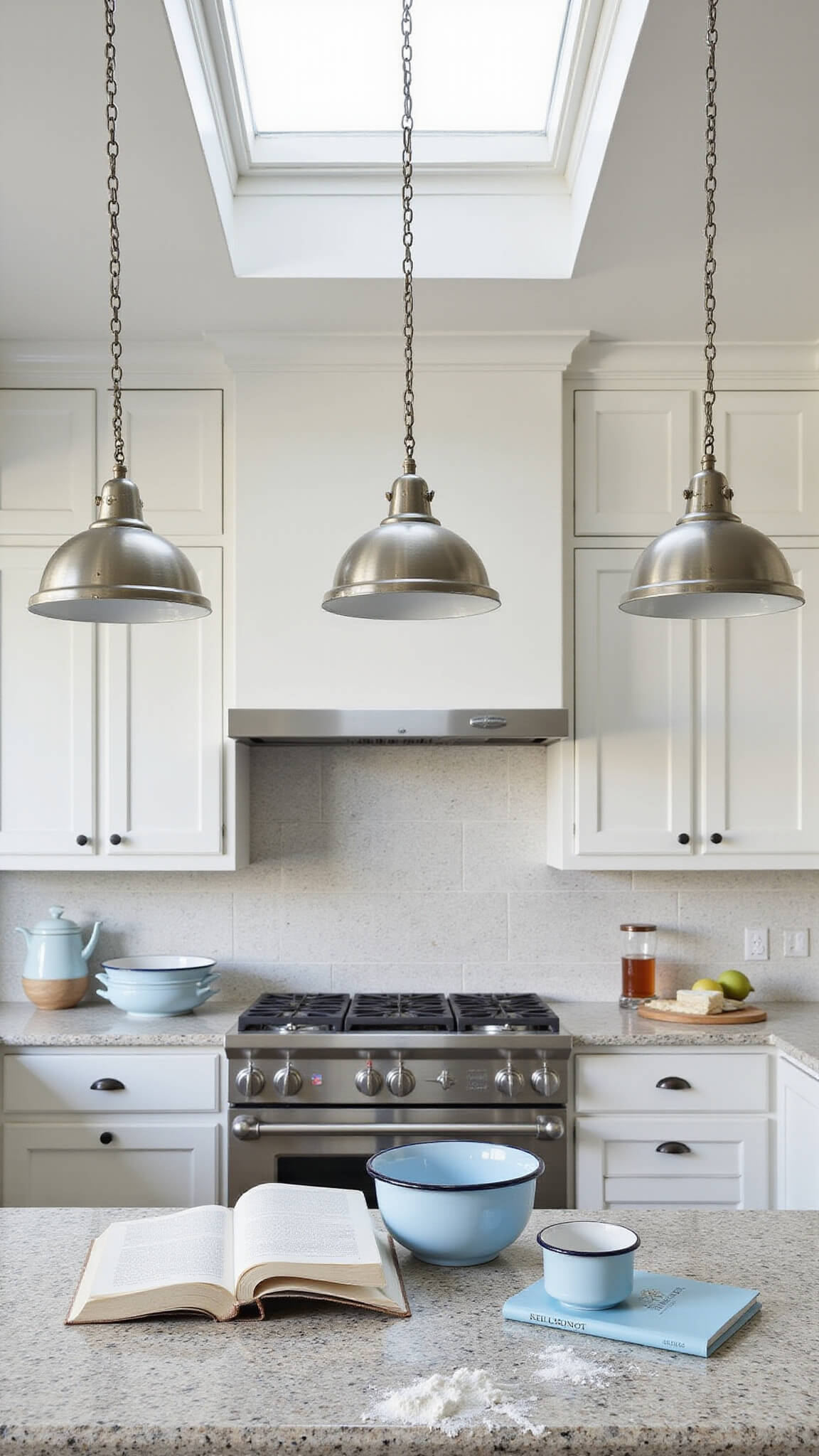 Morning kitchen island scene with brushed nickel pendant lights above honed granite surface, white enamelware bowls, scattered flour, and vintage blue accents in natural and task lighting.