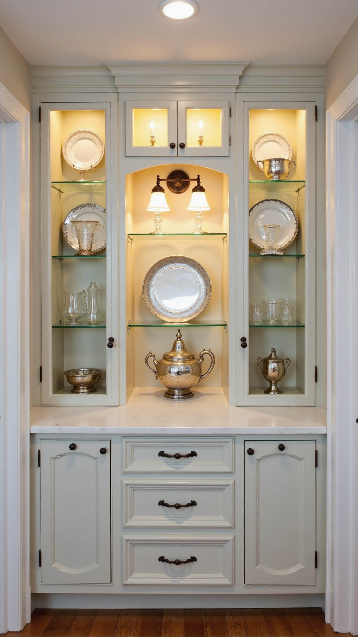 Twilight view of a 5x12 butler's pantry with floor-to-ceiling glass-front blue-gray cabinets
</p></noscript>
<div class=