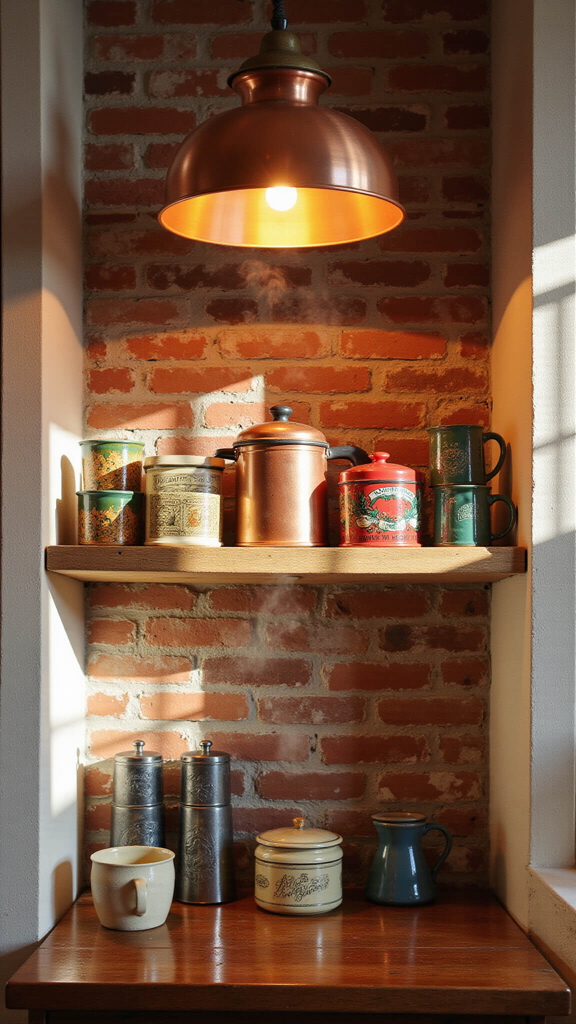 Cozy late afternoon kitchen coffee nook with exposed brick, copper pendant light, vintage tins, pottery mugs, and steam rising from an enamel coffee pot on a wooden shelf.