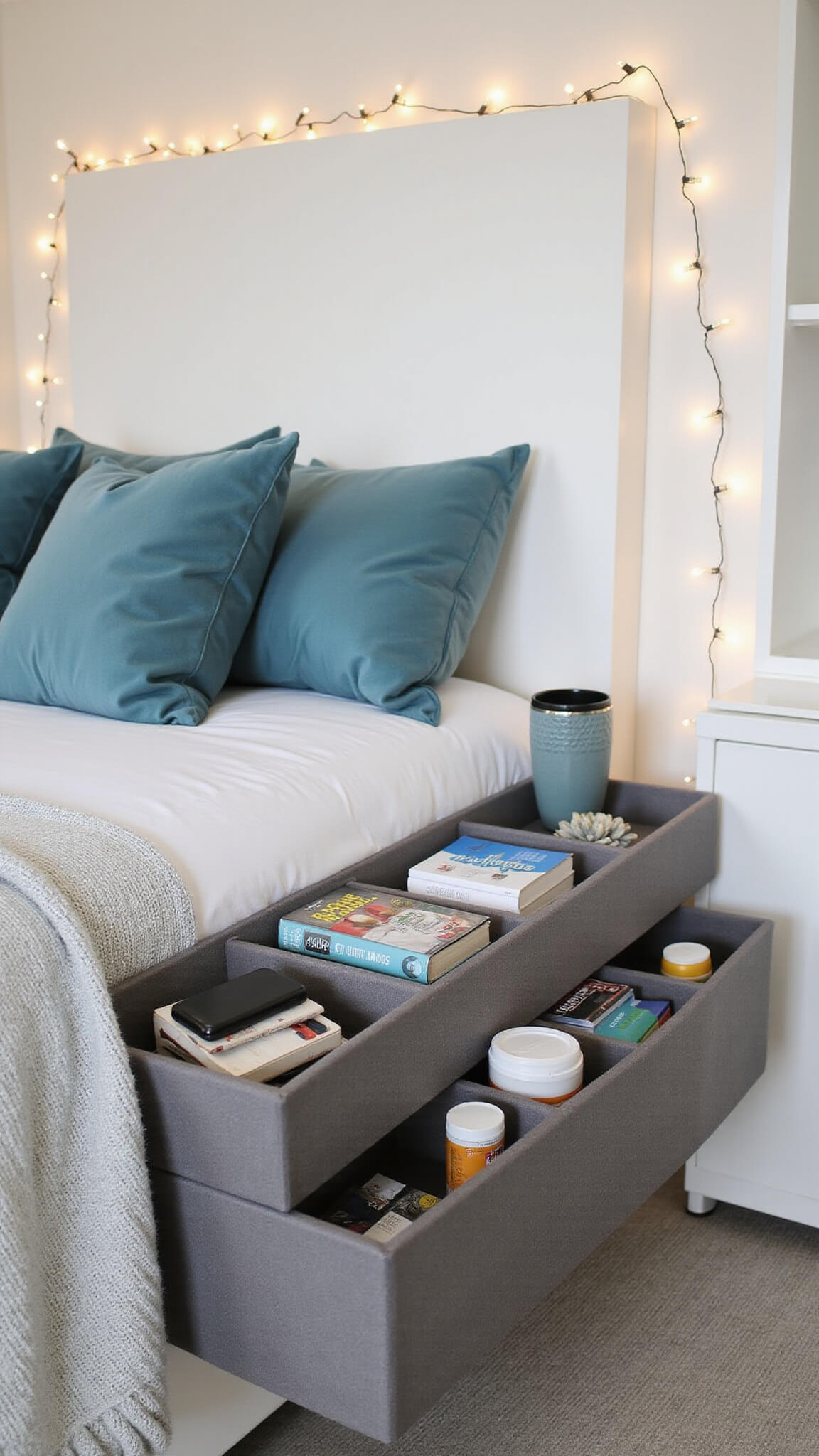 Lofted bed bedside command center with gray canvas caddy holding tech, books, and drink, surrounded by fairy lights, knit throw, and velvet pillows.