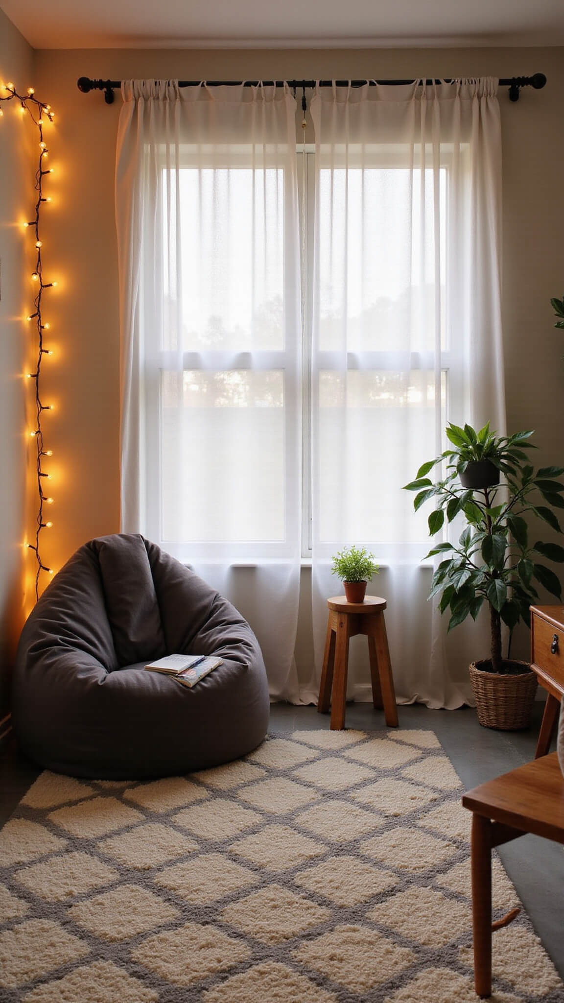 Low-angle view of cozy dorm reading nook with cream and gray rug, velvet bean bag, soft afternoon light, string lights, and potted plants.