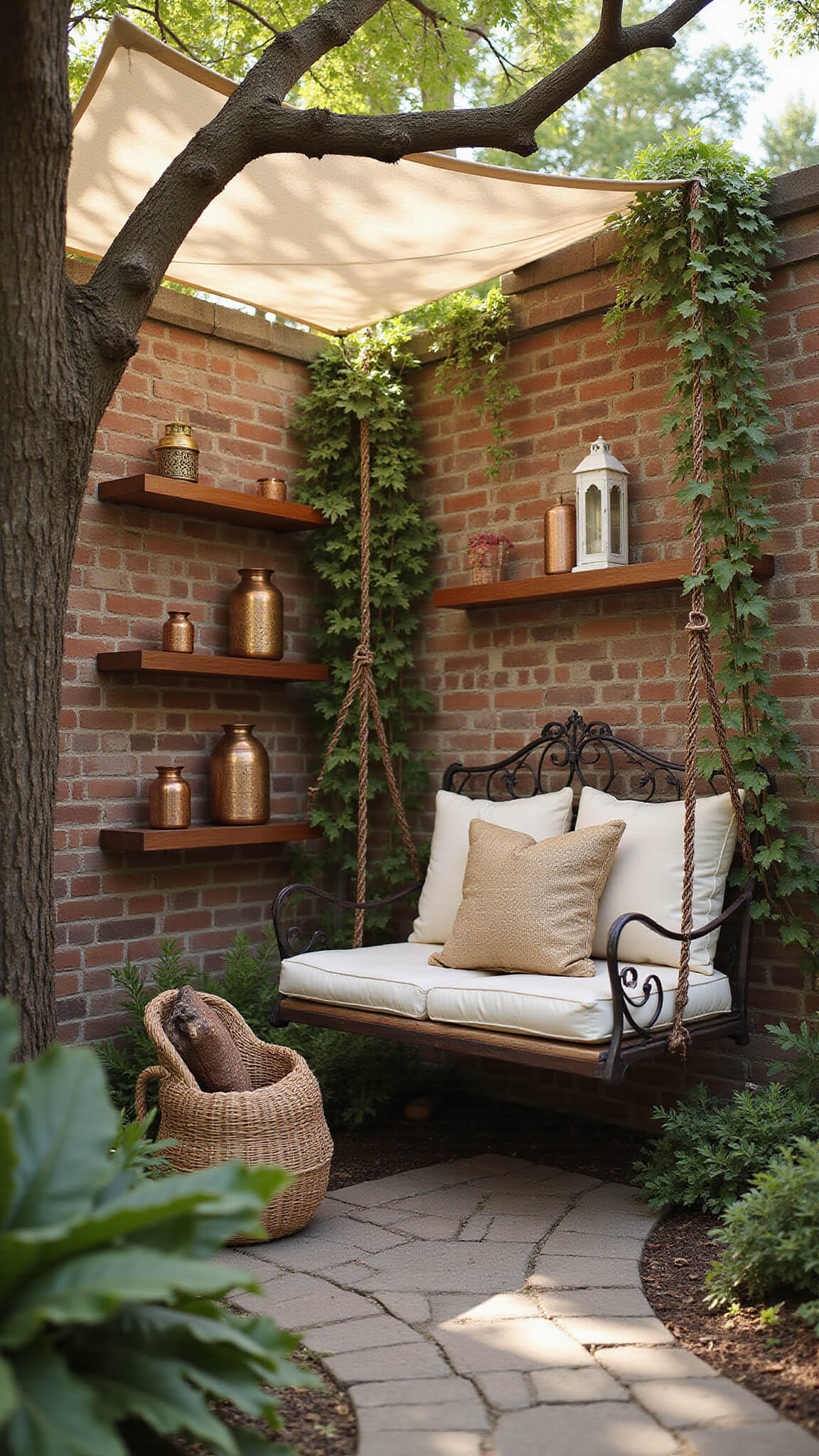 Cozy garden reading nook with vintage swing seat, cream cushions, and warm golden-hour light under a canvas canopy, framed by brick walls and leafy greenery.